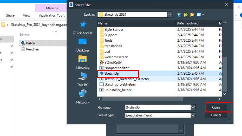 Vào thư mục Sketchup 2024 chọn file như hình và bấm Open