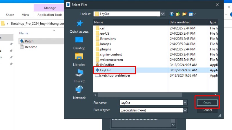 Vào thư mục LayOut chọn file như hình và bấm Open